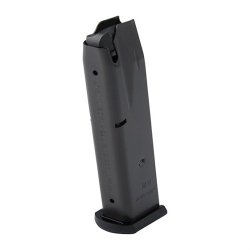 Luotettavat MEC-GAR Beretta 92FS/M9 -kiväärin patruunat, korkealaatuinen rakenne, musta fosfaatti, 15 laukauksen kapasiteetti ja vaivaton puhdistus.