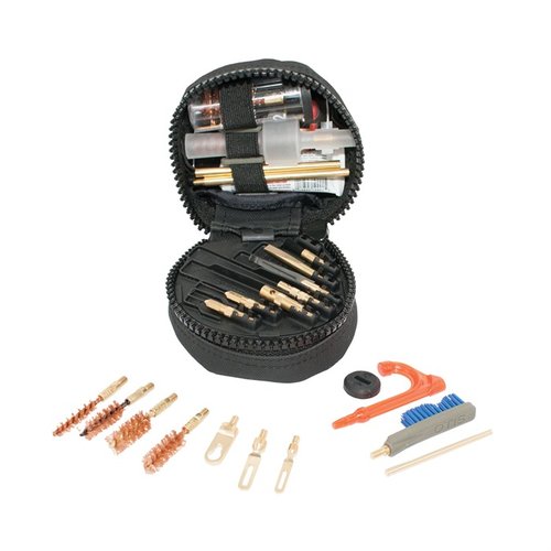 Kompakti Deluxe LE Cleaning System sisältää kaiken tarvittavan 9mm- ja .45-kaliiperin käsipistoolien puhdistamiseen, mukaan lukien O85 puhdistusainetta ja monia työkaluja.