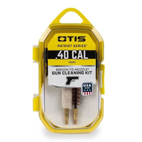 OTIS PATRIOT Series Pistol Kit 40 cal tarjoaa kaiken tarvittavan aseiden huoltoon Breech-to-Muzzle® -menetelmällä, mukaan lukien puhdistusvälineet ja kestävä säilytyskotelo.