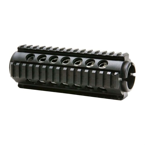 Kaksiosainen Quad-Rail Handguard AR-15: runsaasti Picatinny-kiinnityskohtia, kestävä lasikuitu-polymeeri ja alumiinisuoja, joka suojaa tukikättä.