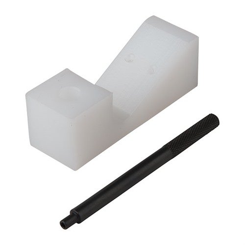 GAS BLOCK ASSEMBLY FIXTURE w/roll pin starter helpottaa kaasublokin asennusta, mahdollistaen kaasuputken asentamisen ja roll pinin tarkka aloituksen.