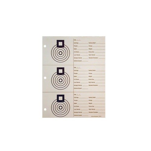 Sinclair Load Development Target tarjoaa kolme 100 yardin benchrest-maalitaulua, tilaa chronograph- ja load-tiedoille, ja on helppo säilyttää 3-renkaisen kansion avulla.