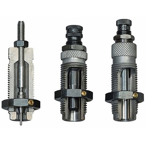 RCBS:n 3-DIE CARBIDE TAPER CRIMP SET -sarja tarjoaa laadukkaan carbide-sizer-die ilman öljyä, laajentavan die:n ja tarkan seater die:n.