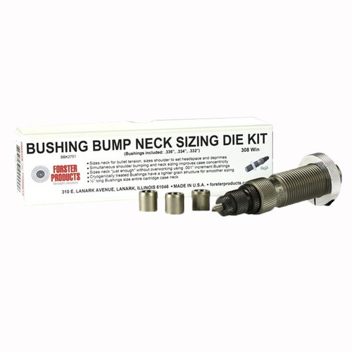 Forster Bushing Bump Neck Die Kit tarjoaa tarkkaa hallintaa patruunoiden kaulusten jännitykselle, mukana hionnan jälkeen täydellisesti sovitettu sizing die ja kolme valittua bushingia.