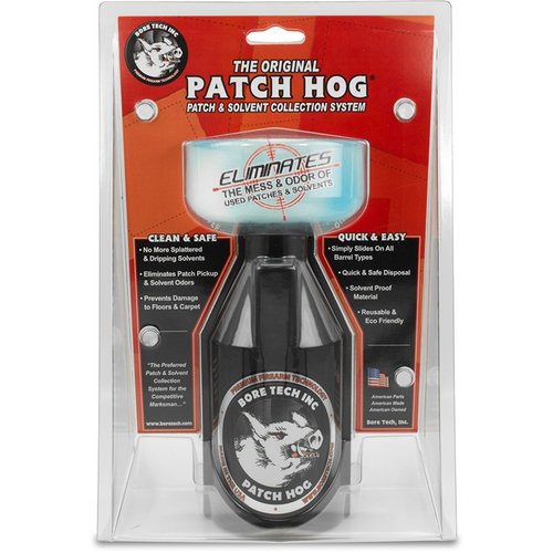 Bore Techin PATCH HOG poistaa sotkut ja hajut aseiden puhdistuksesta, kiinnittyy tukevasti ja kerää käytetyt patchit helposti muovipulloon.
