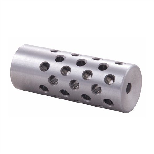 #4 MUZZLE BRAKE 22 CALIBER vähentää rekyyliä ja nostetta monipuolisen 42-porttisen rakenteensa ansiosta. Tarvitsee asekorjausta ja voi laajentaa .44 kaliiperiin.